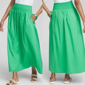 Chico's Poplin Ruched Waist High Rise Midi Skirt Green NWT